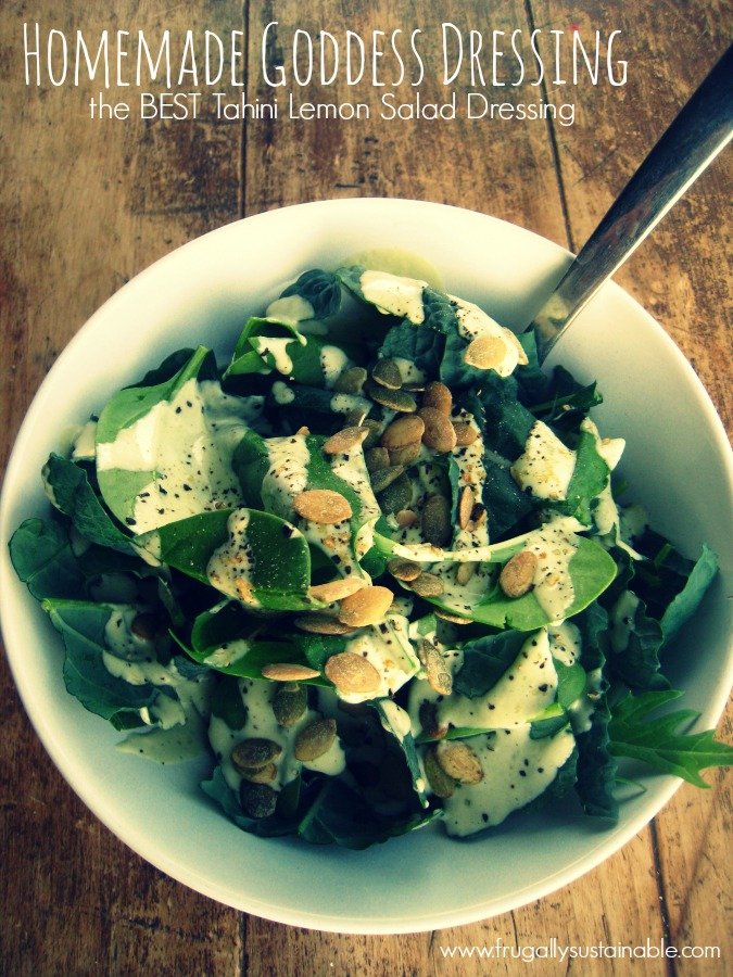 Homemade Goddess Dressing! This is the BEST tahini lemon dressing EVER. Perfect as a dressing for kale salad!